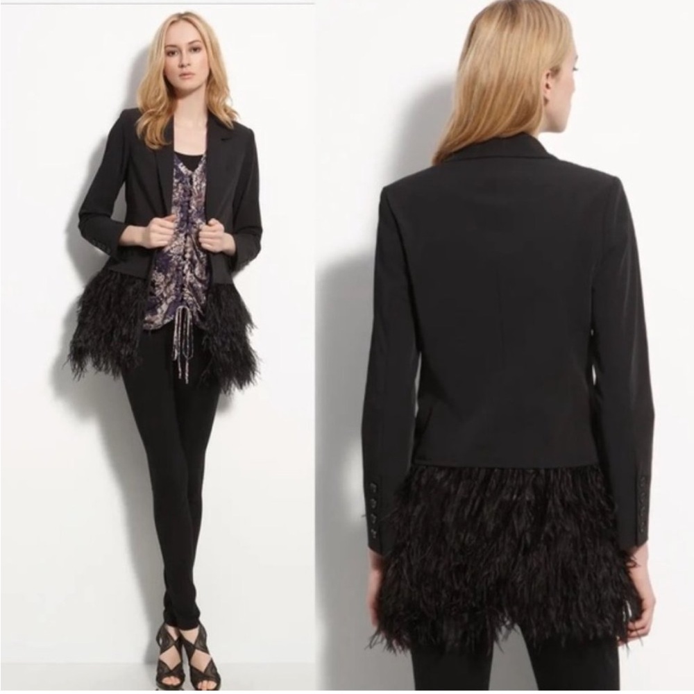 Elizabeth and James Luxury Holiday Jacques Black Ostrich Feather Trim Blazer- 2